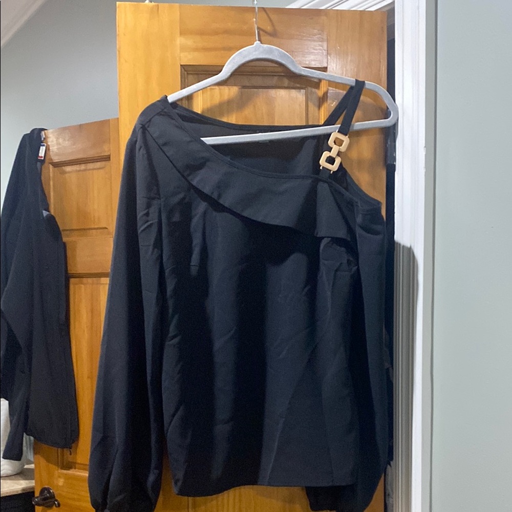Black Ruffled Asymmetrical Long Sleeve Top